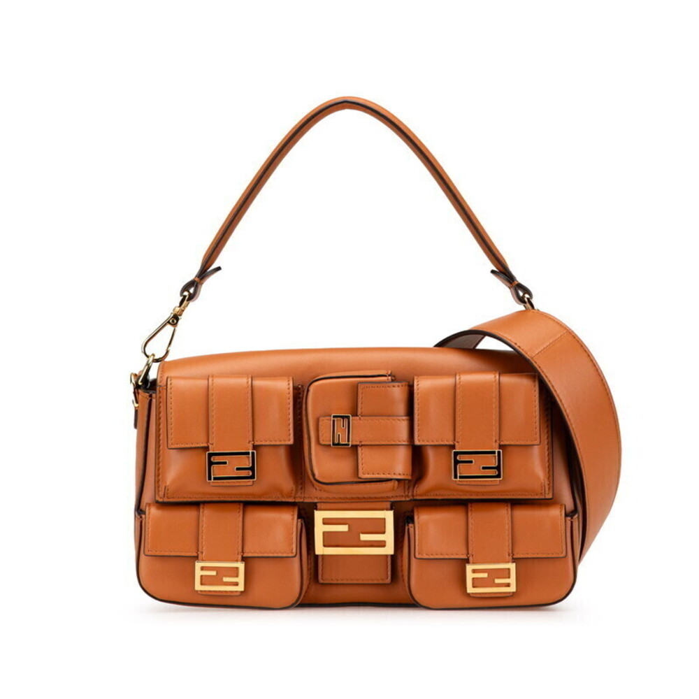 Fendi Multi Pocket Baguette Handbag Shoulder Bag Brown Leather